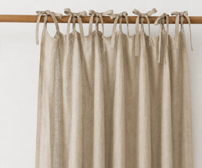 Beige tie top linen curtains made from natural flax linen, farmhouse light filtering window panels for living room and bedroom décor.