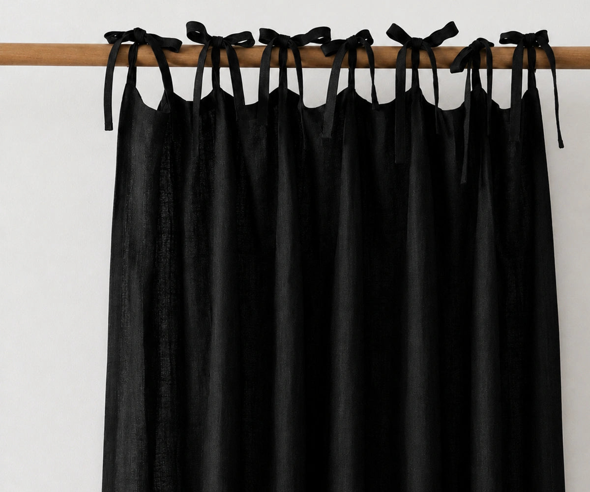 Black tie top linen curtain panels made from 100% European flax linen, light filtering curtains for modern living room and bedroom windows.