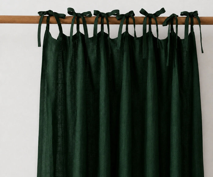 Forest green tie top linen curtain panels made from 100% flax linen, light filtering curtains for farmhouse and Scandinavian homes.