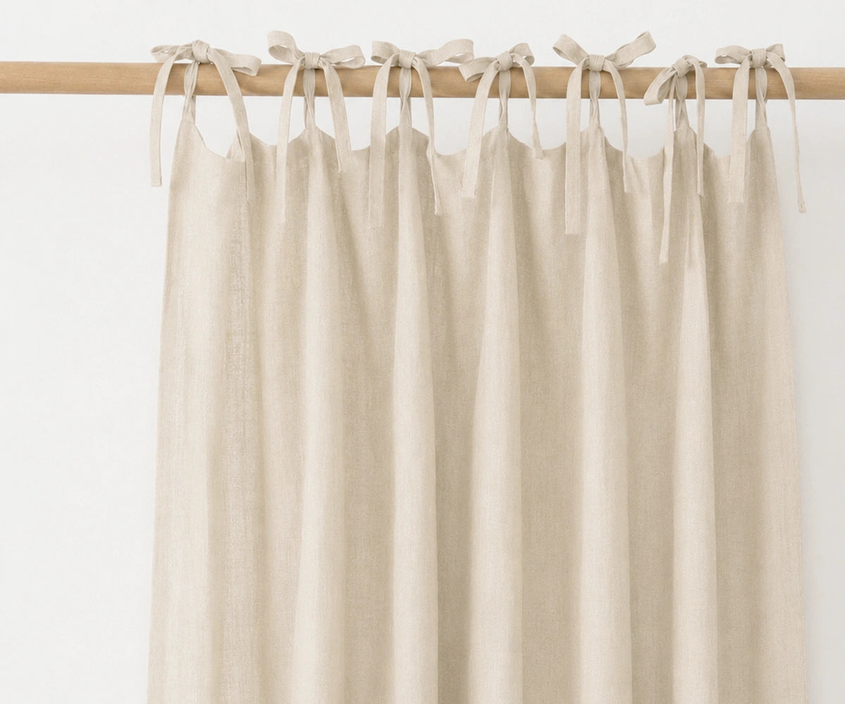 Natural  linen curtain panels with tie top finish, eco-friendly light filtering drapes for timeless home décor.