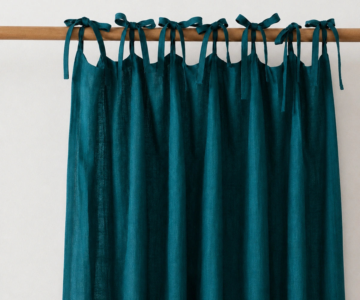 Teal tie top linen curtain panels crafted from European flax linen, breathable light filtering window curtains for coastal home décor.
