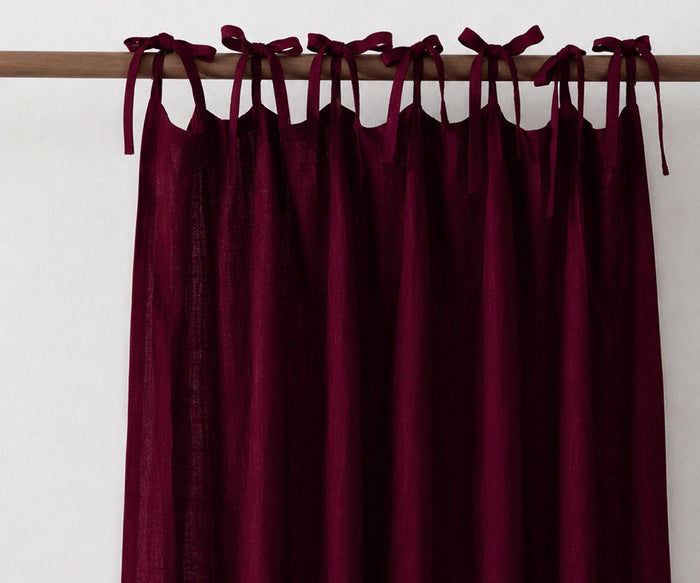 Burgundy tie top linen curtain panel made from 100% European flax linen, farmhouse window curtains for bedroom décor