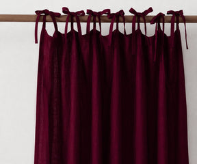 Burgundy tie top linen curtain panel made from 100% European flax linen, farmhouse window curtains for bedroom décor