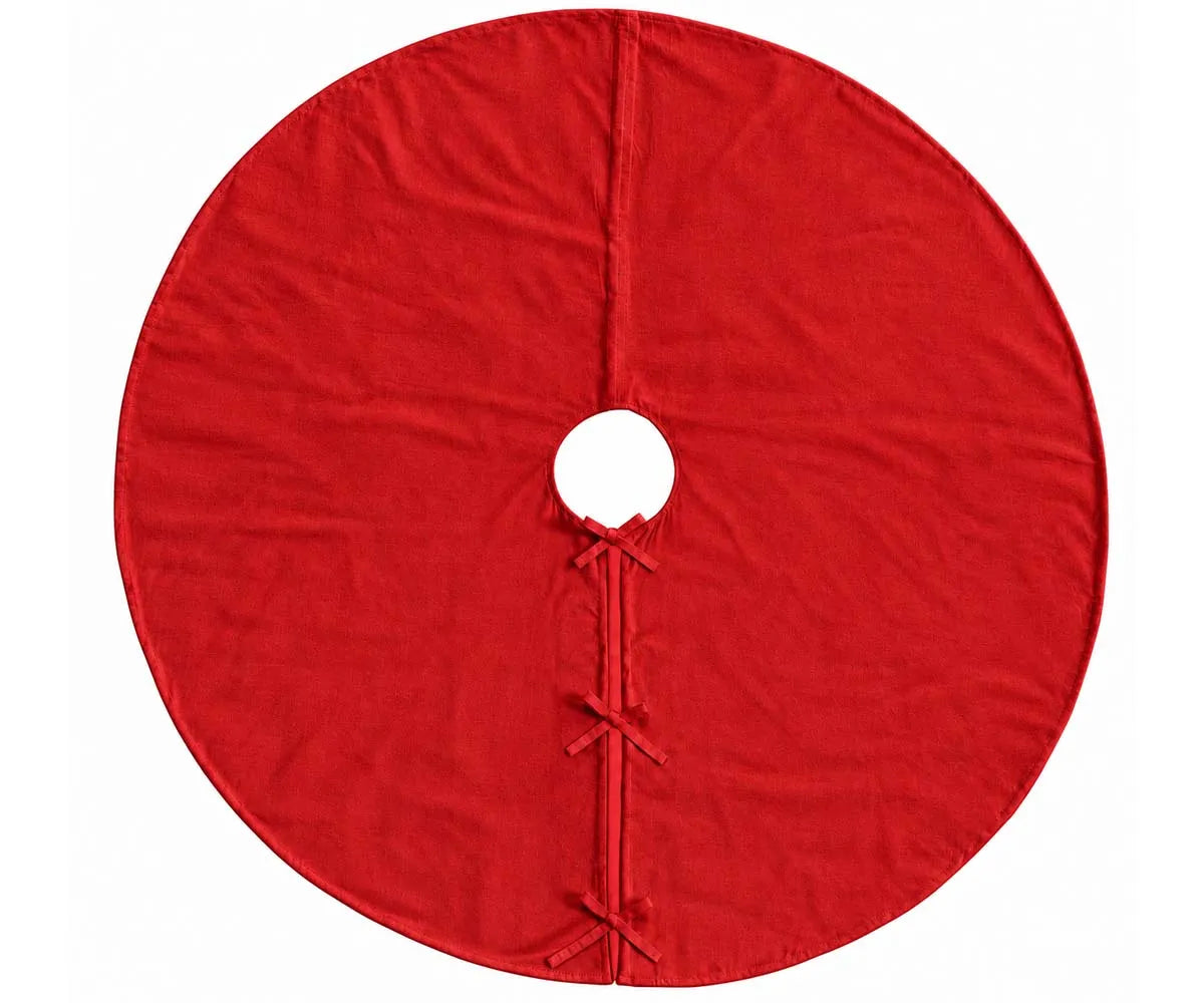 Red linen Christmas tree skirt with a simple 58-inch round design for holiday tree decor