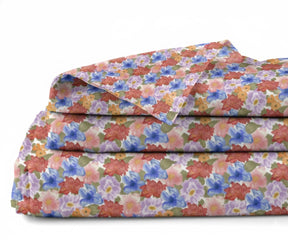 watercolor floral linen sheet set with artistic painted flower design, breathable flax linen bedding for queen and king size beds