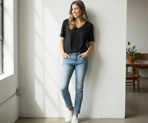 Classic women’s black V-neck tee, tailored fit – eco-friendly organic cotton t-shirt for casual wear and layering.