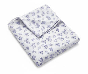 Percale printed linen sheet set with matching pillowcases in blue floral design, lightweight and moisture-wicking
