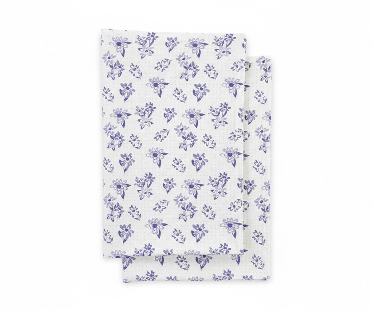 Blue floral percale printed linen sheet set, breathable bedding for cool and comfortable sleep