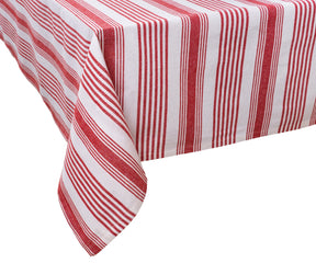 Red and white striped cotton tablecloth on dining table, rectangular French farmhouse style table linen