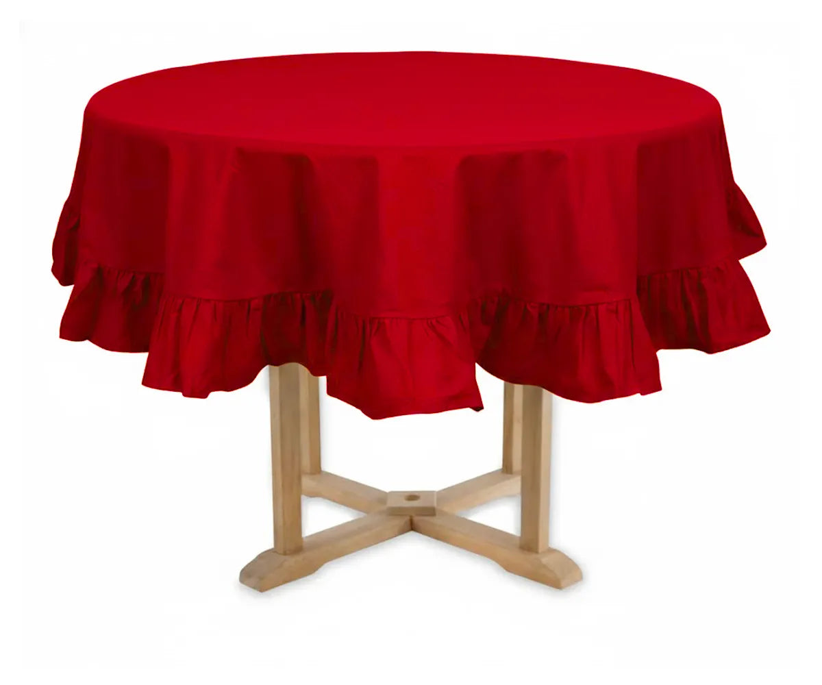 Red ruffled round tablecloth in pure cotton for festive dining and rustic wedding decor
