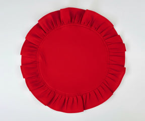 Red round cotton napkins with delicate ruffled trim, adding a bold yet refined touch to dining tables and festive gatherings.
