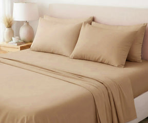 Neutral warm beige 100% European flax linen sheet set, hotel style luxury bedding for modern farmhouse bedroom decor