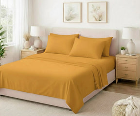 Mustard yellow European flax linen sheet set, boho luxury bedding for queen and king beds