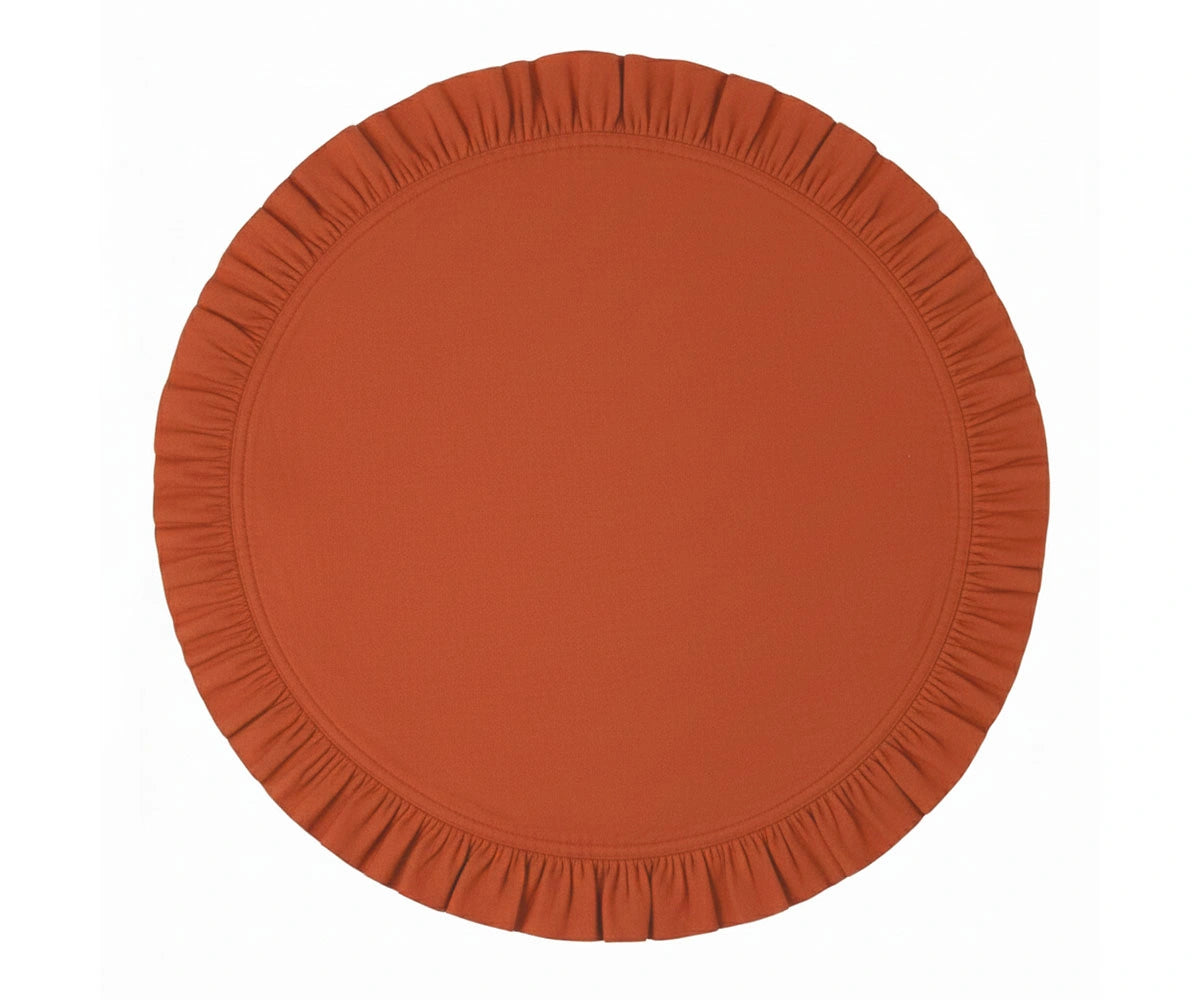 Rust round cotton ruffle placemat for farmhouse table décor