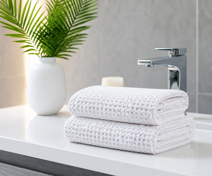 Stack of white waffle bath towels on a modern bathroom counter next to a green plant and faucet.