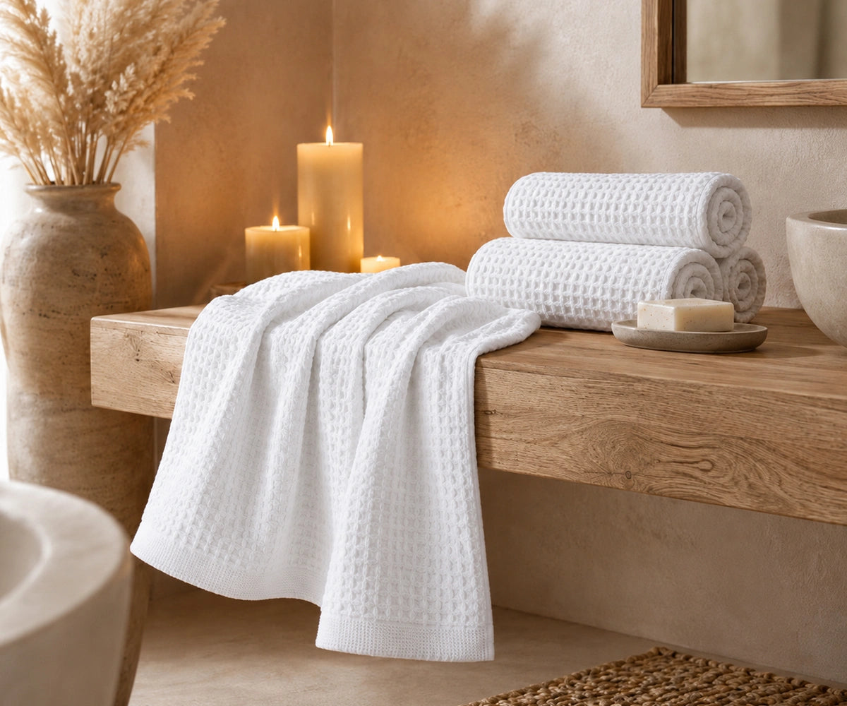 White cotton waffle bath towels styled on a rustic wooden bench with candles and a ceramic vase in a minimal bathroom.