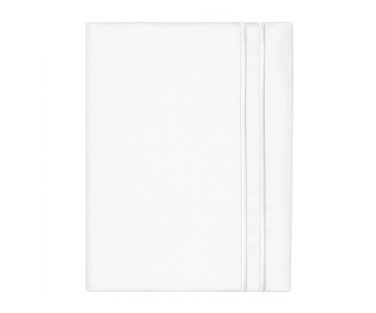Premium white cotton flat sheet with elegant double-line embroidery detail, neatly folded against a white background