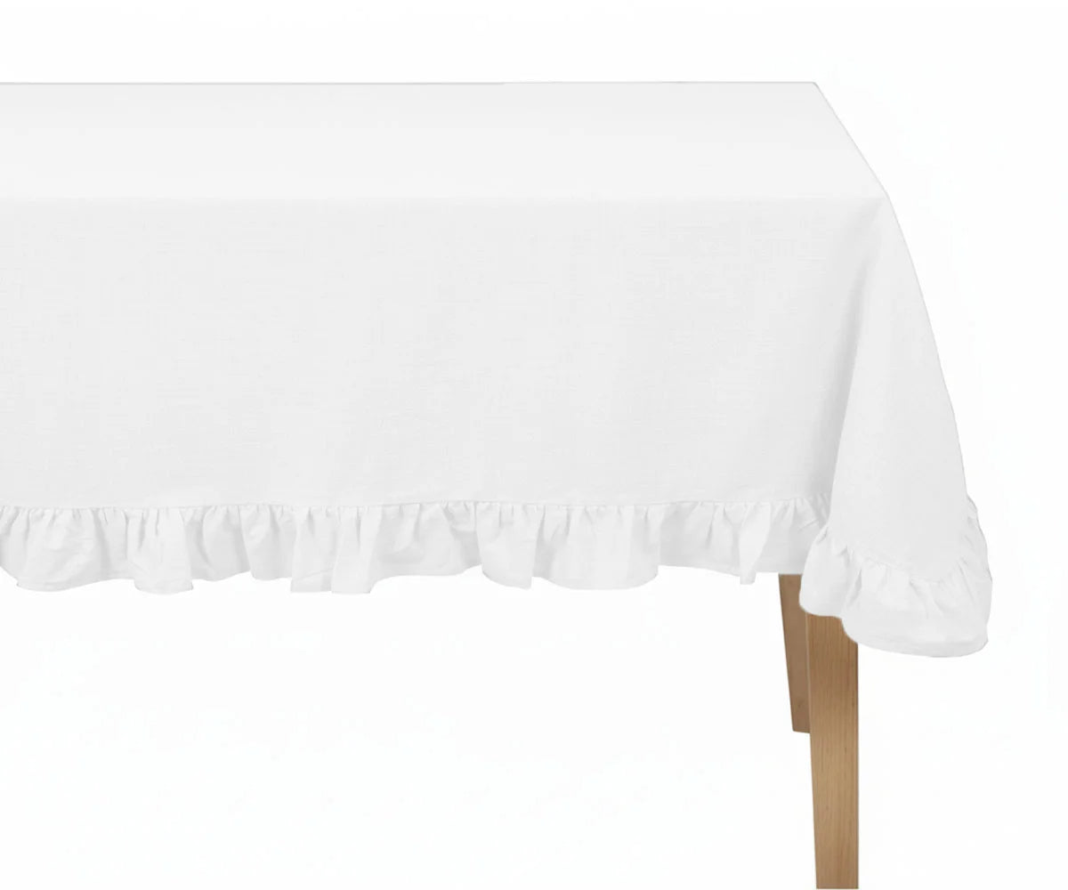 White cotton tablecloth with ruffle edge