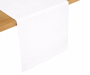 White cotton table runner draped over wooden table, classic neutral table décor for everyday use