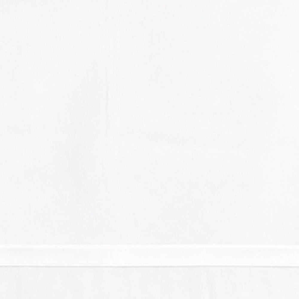 White satin tablecloth with a cotton base and decorative satin border styled on a dining table for a wedding reception, banquet, party, or formal dinner.