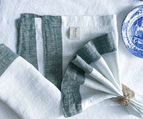 White Linen Napkins - Green Border