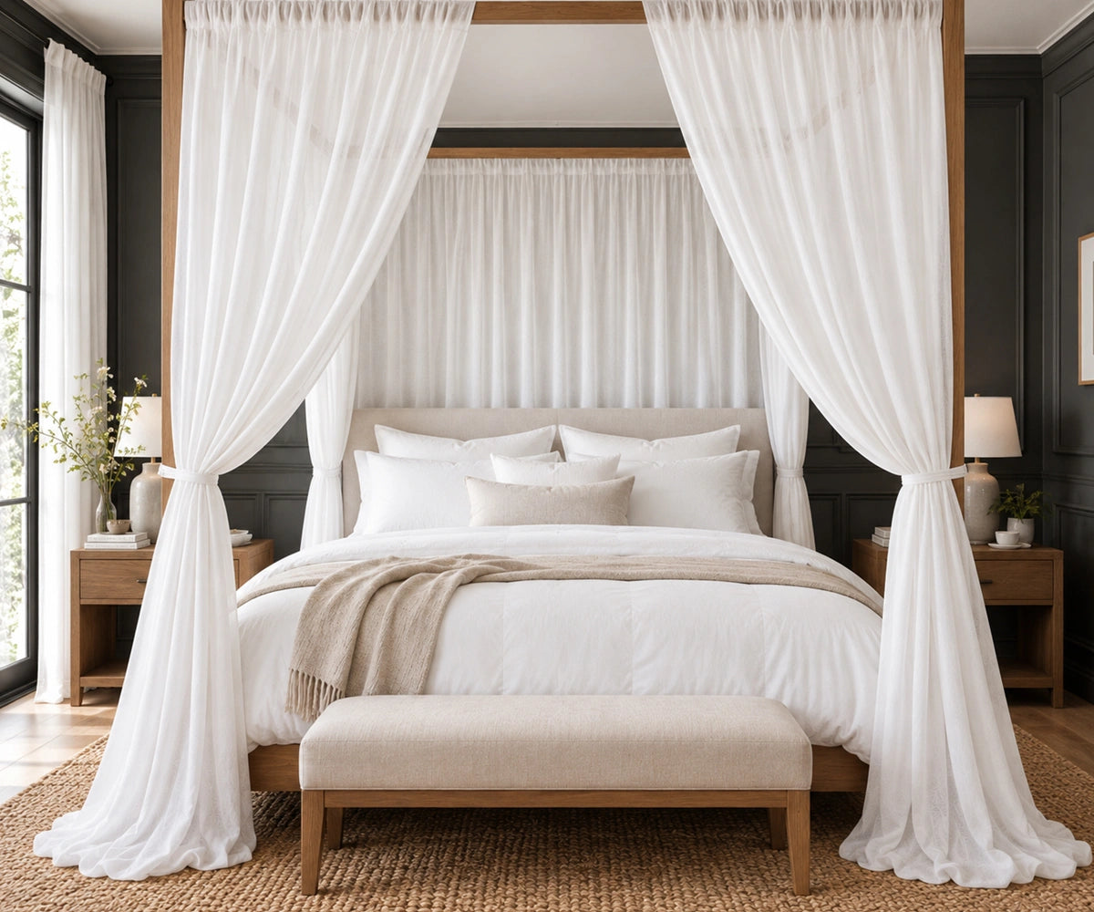 White linen canopy bed curtains for four poster beds, elegant bedroom canopy curtains made from 100% linen for soft romantic bedroom decor