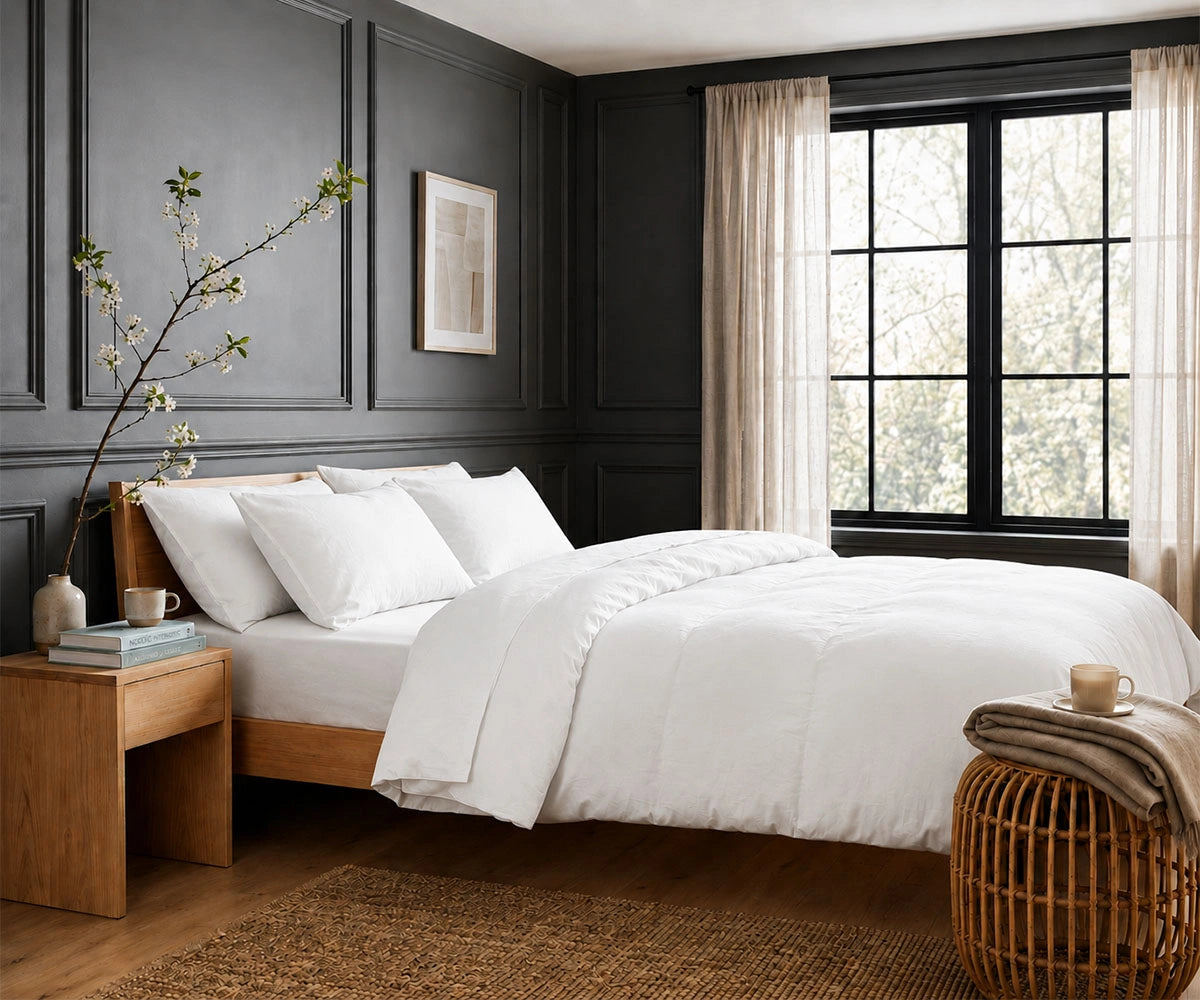 White linen duvet cover set for clean modern bedroom decor with soft breathable flax linen bedding