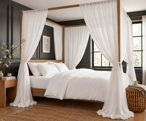 100% linen white canopy curtains for bedroom, sheer-style bed curtains for four poster and canopy beds with soft flowing panels