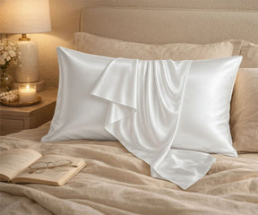 White 100% Mulberry silk pillowcase set with smooth sateen finish, luxury silk pillow cover for hair and skin, breathable beauty sleep bedding