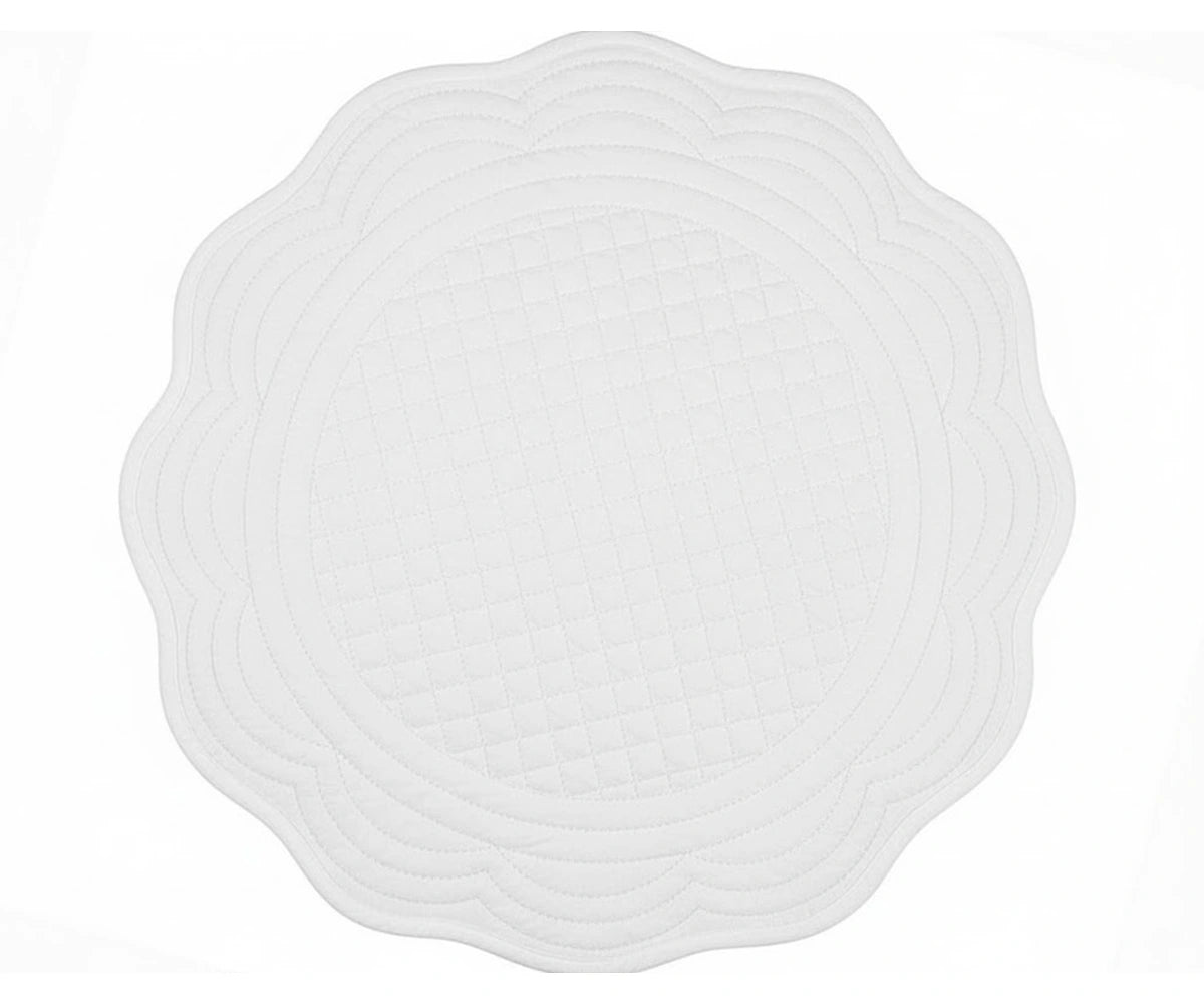 White quilted cotton round placemat with scalloped edge for classic, wedding, and minimalist table décor