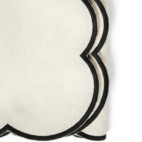 Reusable ivory dinner napkins with black trim scalloped edges, soft cotton table linens for upscale dining, brunch tables, and special occasions