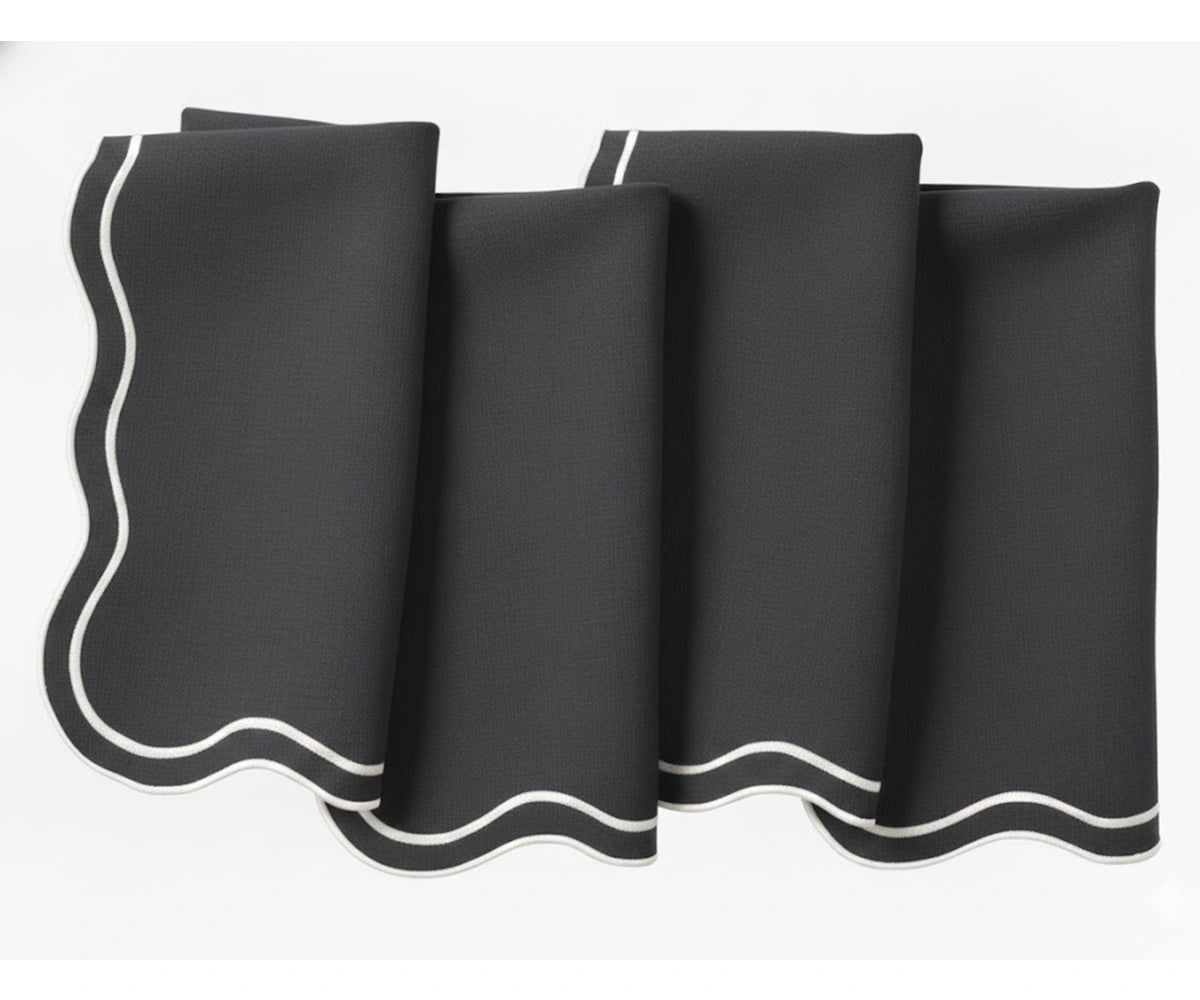 White scalloped edge charcoal cotton napkins, soft washable napkins for everyday and formal dining