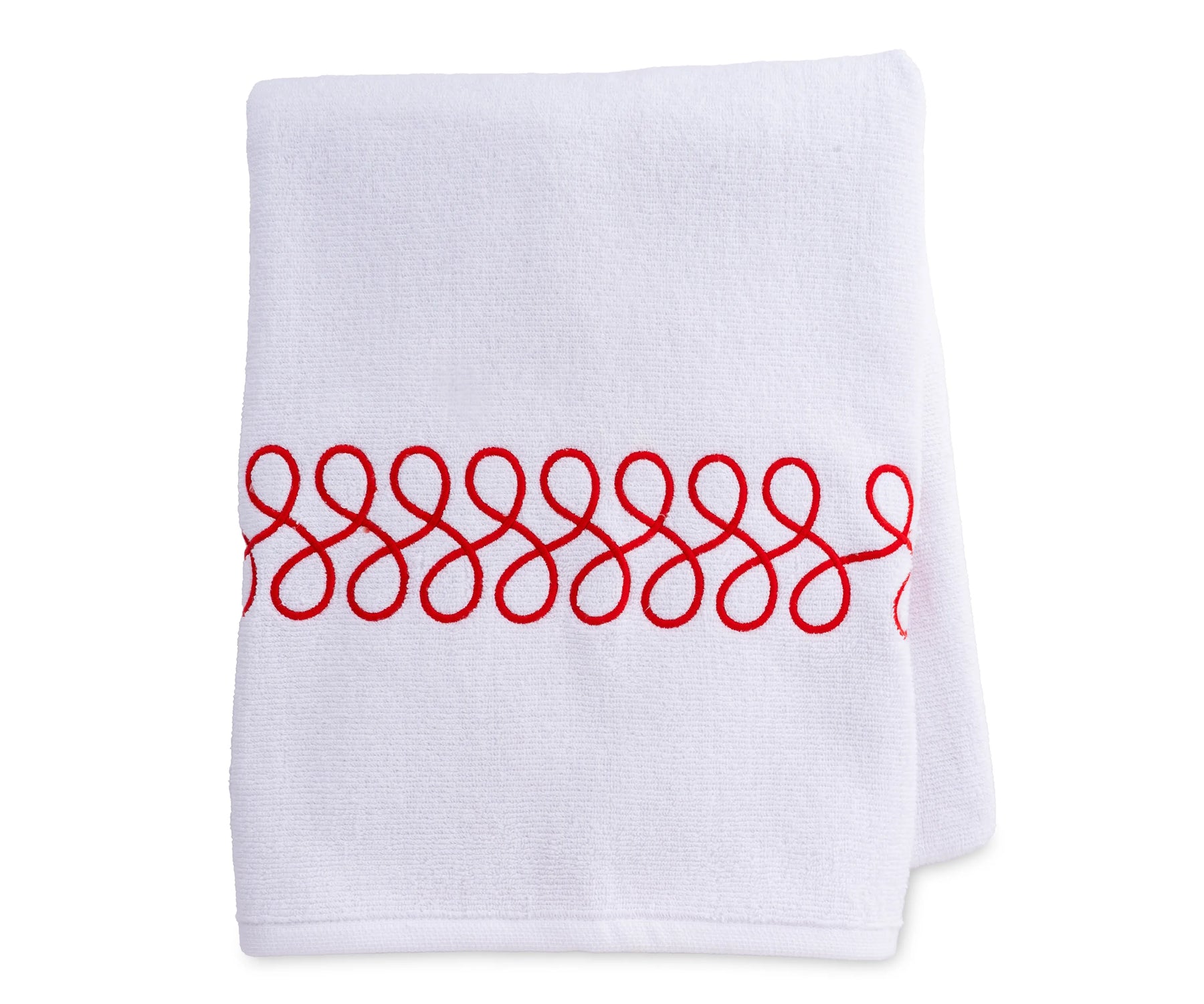 Luxury large white bath towel with red embroidery, 100% cotton, perfect for bathroom décor or gifting.