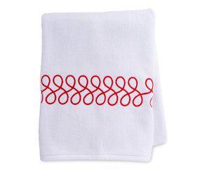 Luxury large white bath towel with red embroidery, 100% cotton, perfect for bathroom décor or gifting.
