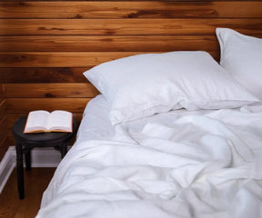 white linen sheet set on bed – includes fitted sheet, flat sheet, and pillowcases in king, queen, and twin sizes