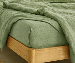 Willow Green linen fitted sheet made from premium flax linen, soft cooling fitted sheet for modern bedroom décor