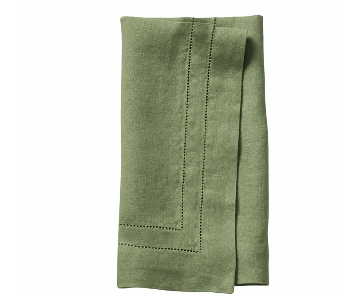 Set of Willow Green linen napkins with double hemstitch design, reusable linen dinner napkins for home dining, restaurants, weddings, and special occasions.