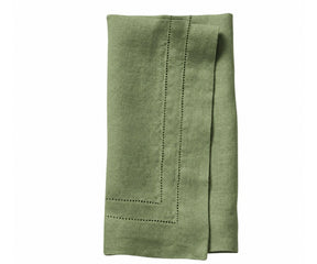 Set of Willow Green linen napkins with double hemstitch design, reusable linen dinner napkins for home dining, restaurants, weddings, and special occasions.