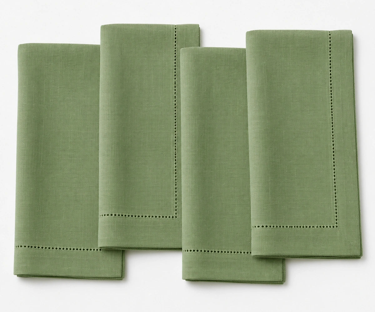 Soft 100% linen napkins in a willow leaf green shade, Reusable, washable cloth dinner napkins ideal for weddings, holiday gatherings, and sustainable home dining.