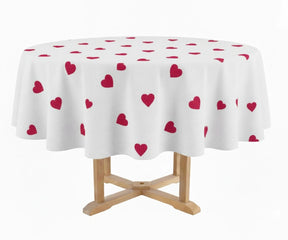 Wine red heart printed round tablecloth in 100% cotton, luxury romantic table linen for festive and Valentine’s décor