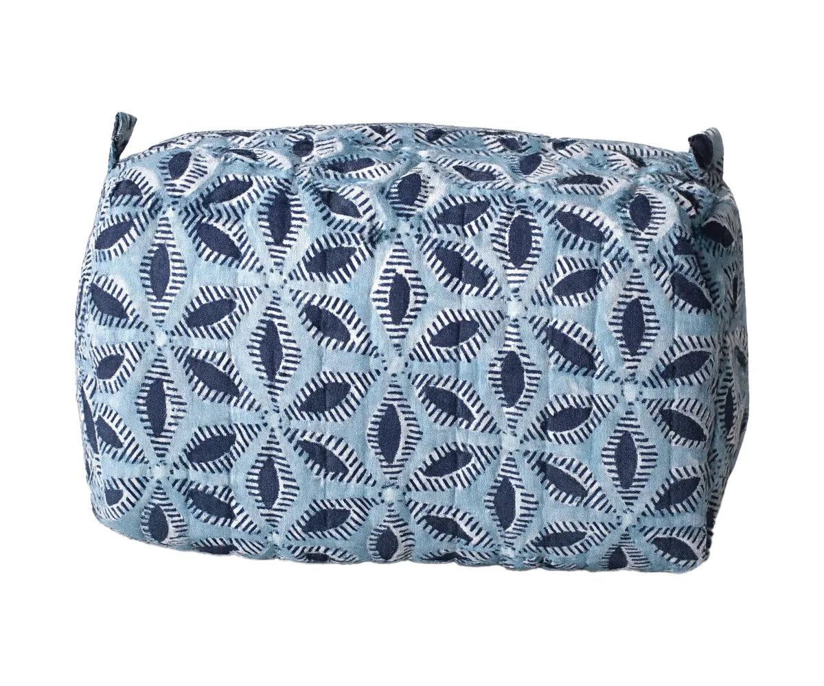 Blue quilted cotton floral cosmetic and toiletry bag with zipper closure