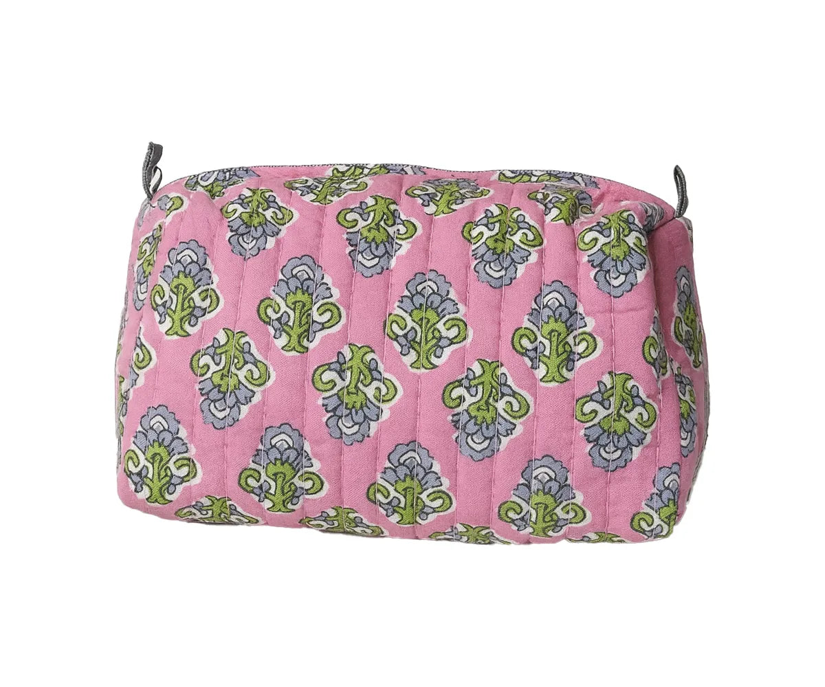 Pink quilted floral make up bag with green and grey print on cotton fabric