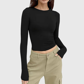 Women’s black long sleeve organic cotton high-hip t-shirt with minimalist design