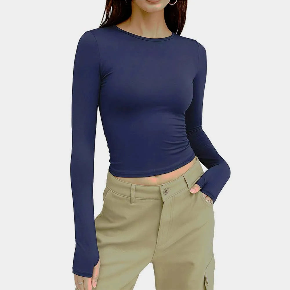 Women’s blue long sleeve high-hip organic cotton t-shirt for casual outfits