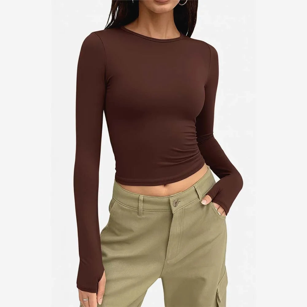 Women’s brown long sleeve cotton high-hip t-shirt with soft breathable fabric