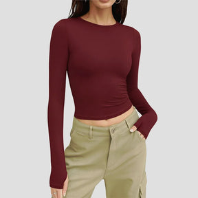 Women’s wine red long sleeve cotton high-hip t-shirt with flattering fit