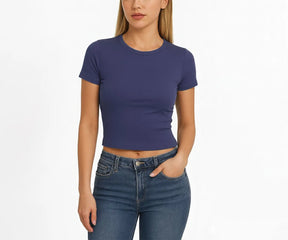 Women’s short sleeve organic cotton t-shirt with a self-collar design, lightweight feel, and versatile styling for multiple occasions.