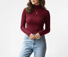 Women’s wine red high-neck long sleeve t-shirt in soft organic cotton, offering a rich, elegant tone ideal for modern wardrobe styling.