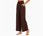 Brown women’s cotton wide-leg high-rise pants – lightweight relaxed-fit, ankle-length bottoms for home, travel, and daily wear.