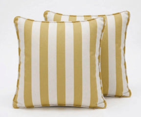 Two striped pillows with yellow and white stripes on a white background
